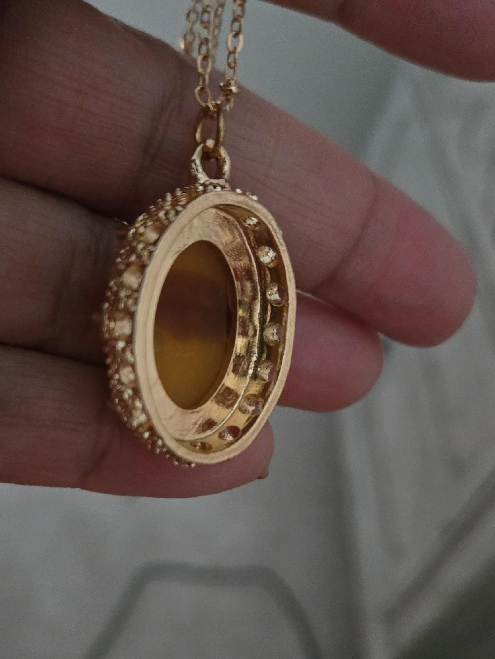Gold Raised Cameo Pendant Necklace On Intricate Diamond Cut Chain Back in Stock.